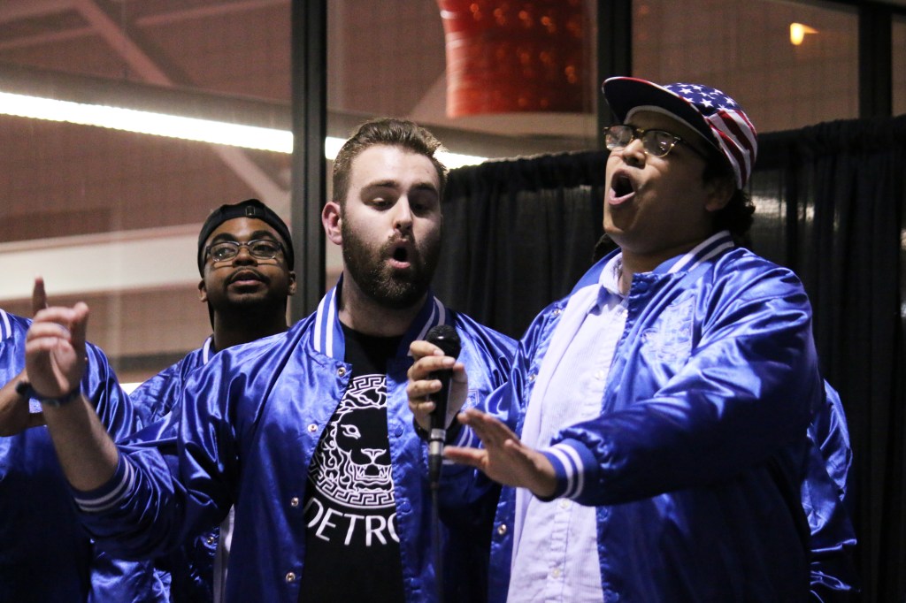 Kenny Davis (left) and Manuel Estrada (right), members of CMU's Fish n/ Chips A cappella, perform at 12:30 a.m. at the 2015 Up all Night event, Sunday, March 29, 2015. 
