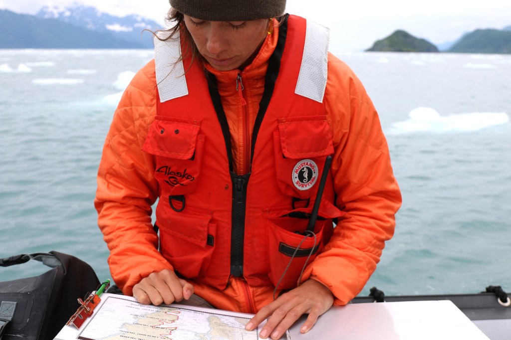 Elisa Weiss looks at data of past nest locations of Black Oyster Catchers in Kenai Fjords National Park. Elisa is a biologist from Hawaii participating in the Inventory and Monitoring Near Shore Project in the Alaska region, which aims to collect yearly data from a variety of near shore ecosystems through out Alaska. 
