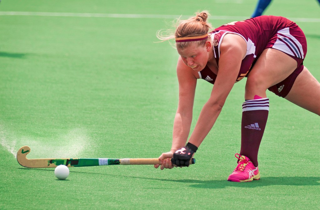 Central Michigan University student Maude Stalars drives the ball down field at the Chippewa field hockey opener Friday, August 28, 2015. Stalars is originally from Belgium and currently plays on the CMU field hockey team as a midfielder.
